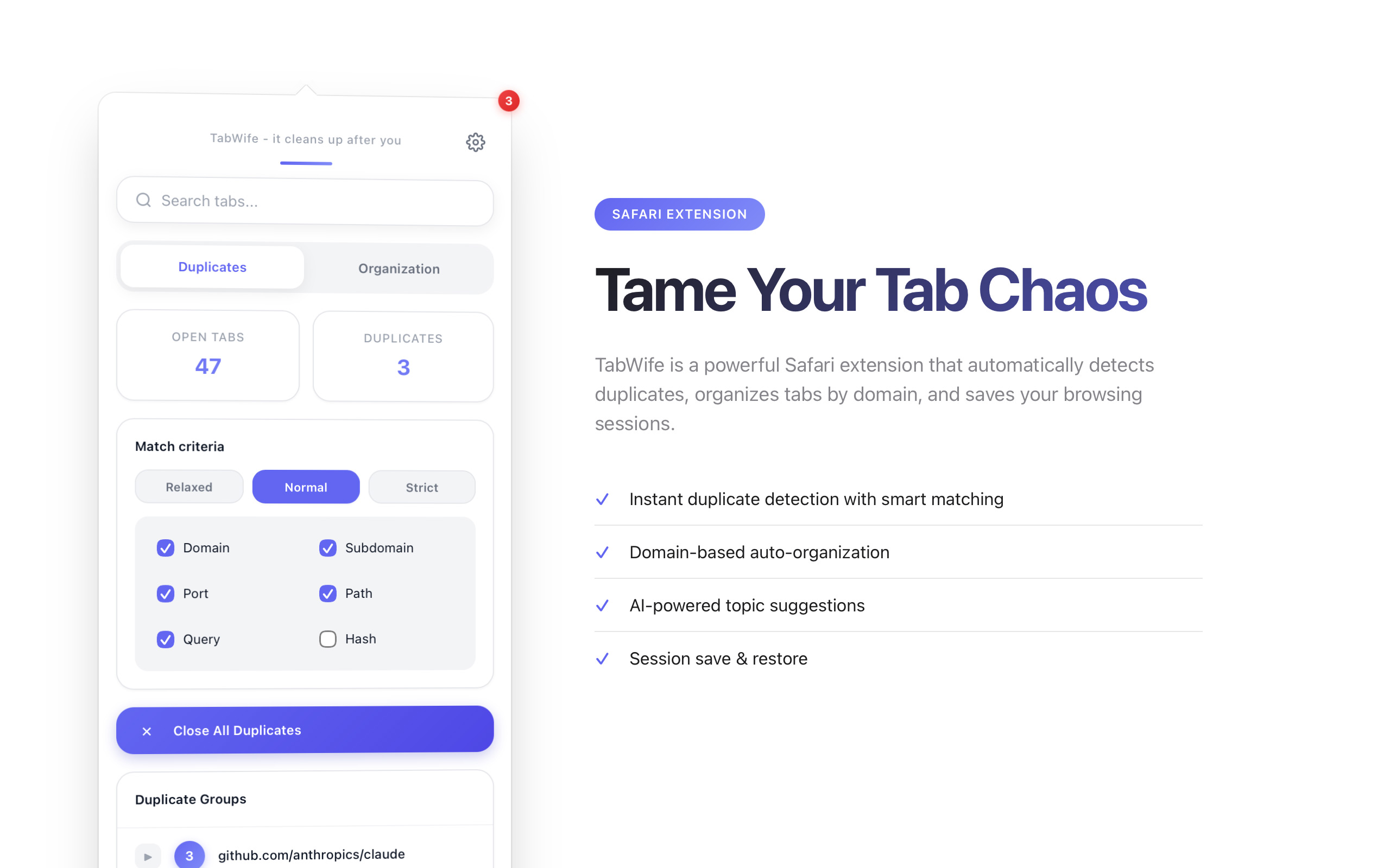 TabWife duplicate detection view in the extension popup